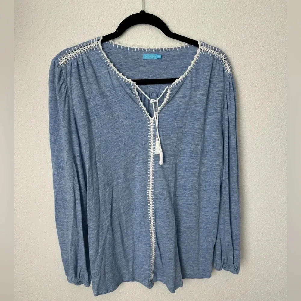 J McLaughlin Linen Blend Top Knit Long Sleeve Pullover Blouse Tassels Beach